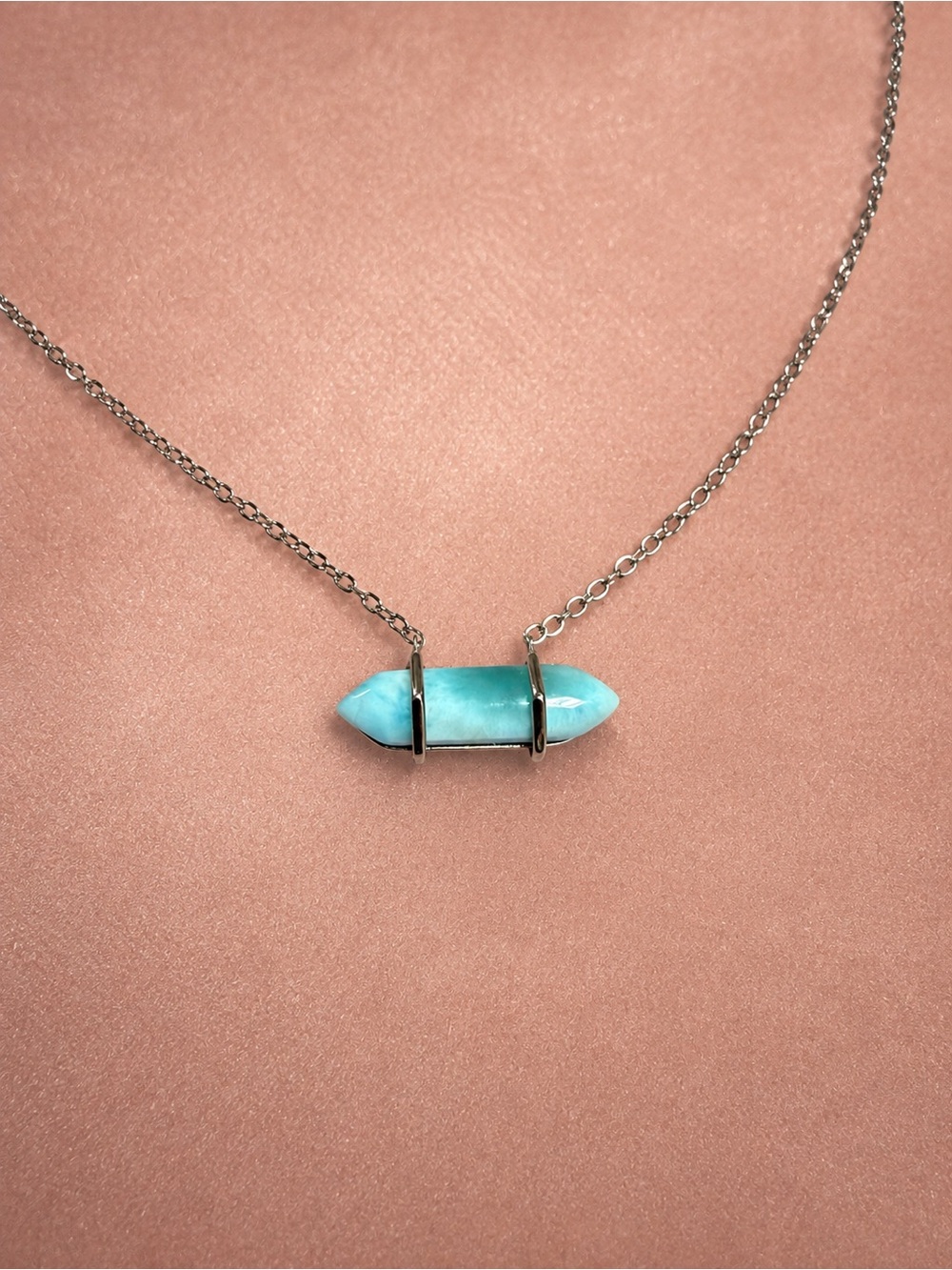 925 Sterling Silver Genuine Larimar Double Point Pendant Necklace